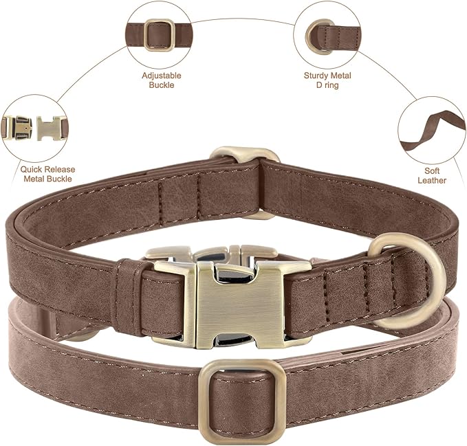 Genuine Leather Dog Collar - Adjustable Pet Collar with Quick Release Metal Buckle, Soft Skin Friendly Real Leather Collar for Small, Medium, Large Dogs (Dark Brown Collar + Rope, M：Fit 12-20" Neck)