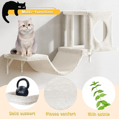 NUNU LAB Wall Mounted Cat Furniture Set - 6 Pcs Climber Set with House, Bridge, Steps, Scratcher Board - DIY Walls Playground, Indoor Cat Shelves - White