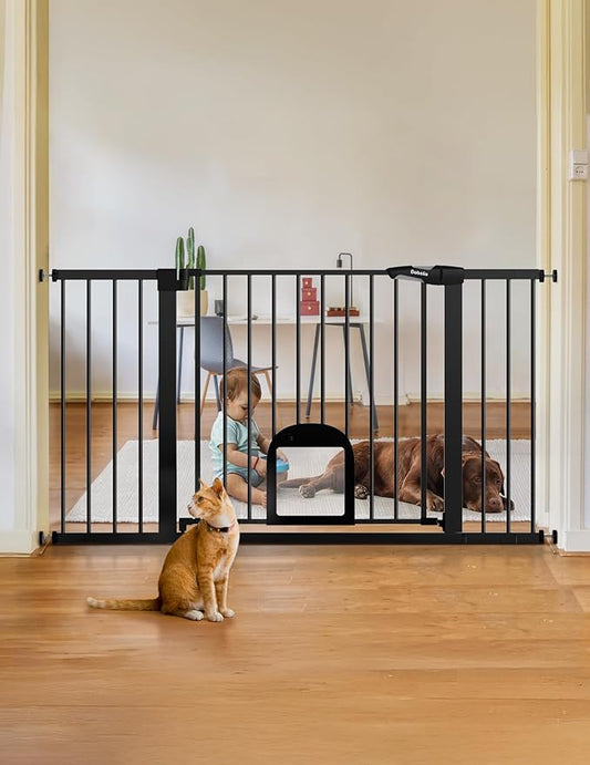 Babelio 36.5-57" Extra Wide Baby Gate with Cat Door, CatPrivilege Ⅲ, Auto Close & Two Way Swing, Pressure Mounted Dog Gates for Stairs, Doorways, Includes 4 Wall Cups and 3 Extension Pieces, Black