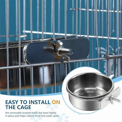 2Pcs Stainless Steel Bird Feeding Bowls, Small Bird Feeding Cup, Stainless Steel Parrot Food Bowl Cage with Holder, Parrot Cage Water Feeder, Pet Cage Cup Holder (Dia 3.93", 4.72",)