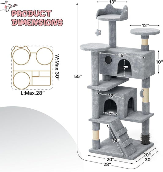 MoNiBloom 54 Inch Cat Tree Tower for Indoor Cats Large Adults, Cat Tower with Scratching Post, Multi-Level Furniture Activity Center with Cat Condo Pet Play House, Light Grey