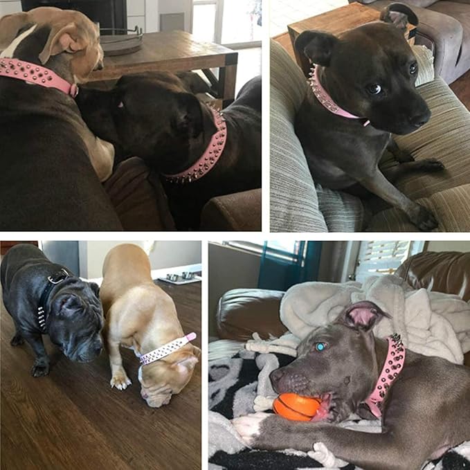 TEEMERRYCA Adjustable Leather Spiked Studded Dog Collars with a Squeak Ball Gift for Small Medium Large Pets Like Cats/Pit Bull/Bulldog/Pugs/Husky, Pink, S 10.8-13.2 inches