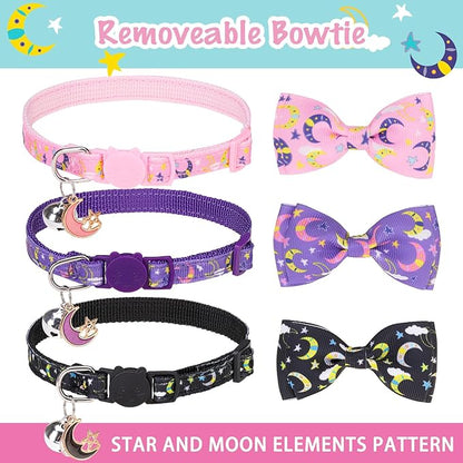 SCENEREAL Cat Collar Breakaway 3 Pack - Safety Kitten Collar with Bells Moons Stars Bowtie, Spring Summer Pet Accessory for for Girl Boy Male Outdoor and House Cats Kitty Adjustable 7''-12''