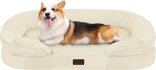 Dwanton Orthopedic Dog Bed for Medium Dogs with Gel Memory Foam, Waterproof Dog Sofa, Washable Pet Bed with Four Sided Bolster Cushion, Removable Cover & Non-Slip Bottom, 35", Beige