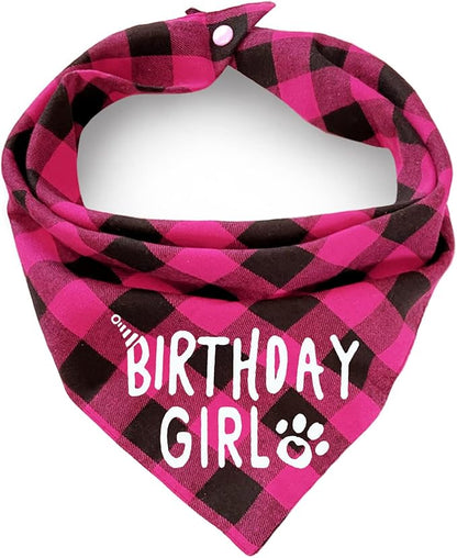 Birthday Plaid Dog Bandana with Button, Fall Dual Layer Scarf Soft Cotton Triangle Bib Girls and Boys Kerchief Adjustable Accessories for Small Medium Large Extra Large Dog Puppy Pet Cat