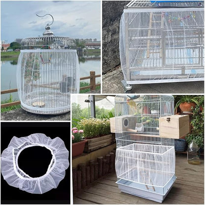 Soft Airy Bird Cage Net Cover, Bird Cage Seed Catcher, Skirt Guard Gauze Birdcage Mesh Netting for Round Square Cages, Reuseable (White, L)