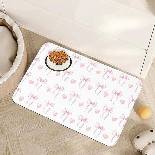 Cute Pink Bow Dog Food Mat for Floors,Heart Absorbent Pet Food and Water Bowl Mats,Non-Slip Pet Feeding Mat,Pet Supplies 16" x 24"