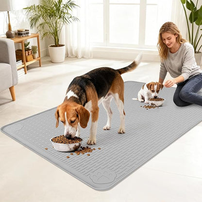 Lanstics Dog Food Mat, 40" x 28" Large Silicone Mat Dog Feeding Mat with Raised Edge Non-Slip Pet Feeding Mat for Food and Water Bowl, Easy to Clean, Floor Protection (Gray)
