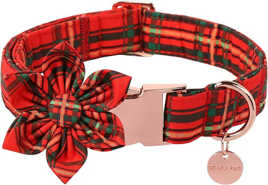 Christmas Dog Collar with Flower, Cotton Christmas Plaid Collar for Medium Girl Boy Dog,Red &Green Plaid Dog Collar Bowtie with Durable Metal Buckle,Adorable Pet Collar,L,Neck 16-24in