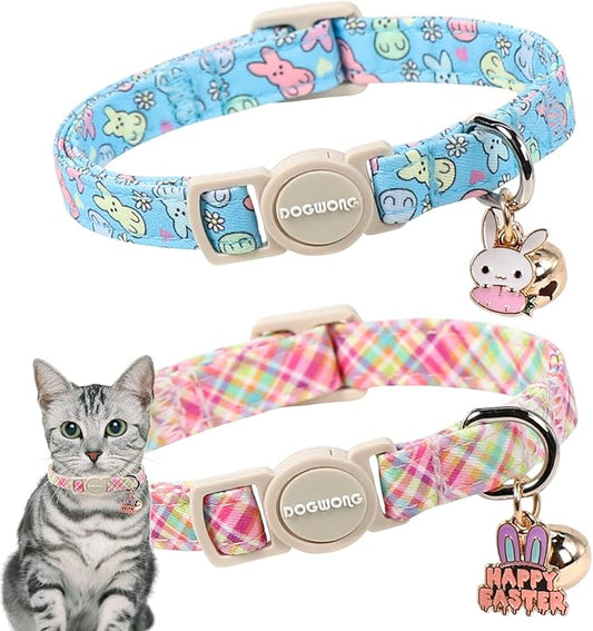 DOGWONG 2 Pack Easter Day Cat Collar Breakaway,Safety Adjustable Easter Plaid Rabbit Cat Collars with Bell for Kitten