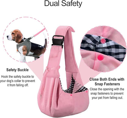 PETLOFT Reversible Dog Cat Sling Carrier, Small Dog Carrier, Adjustable Dog Sling, Hands Free Cross Body Carrier with Collar Hook for Dog/Cat/Bunny up to 11lb (Light Pink)