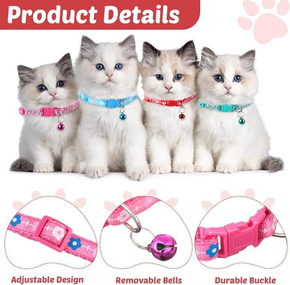 Yunsailing 24 Pcs Cat Collars with Bells for Litter Cat Puppy Soft Nylon Whelping Adjustable Reflective Kitten Collars for Newborn Pets Dogs Kitten, Assorted Colors(Cute Pattern)