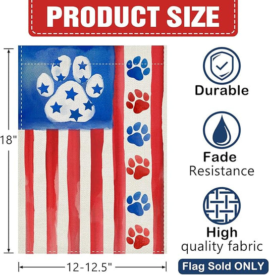 Dyrenson 4th of July Dog Cat Paw Prints Decorative Garden Flag, Patriotic America Watercolor Yard Outside Home Decorations Pet Lover Gift, American USA Burlap Outdoor Small Decor Double Sided 12 x 18