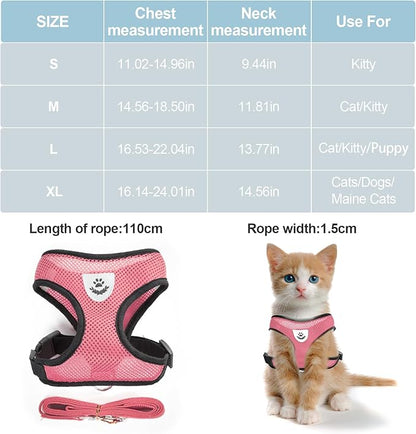shudyear Summer cat Chest Harness and Leash, Anti-Escape Adjustable Soft mesh cat Leash and Chest Harness Set for All Types of Cats cat Vests(Size L,Pink)