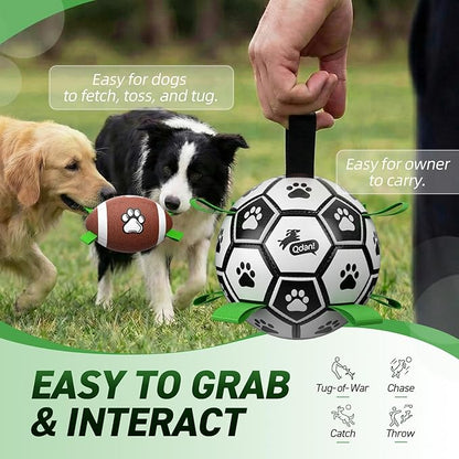 QDAN Dog Soccer Ball Football Set - 2 PCS Dog Balls with Strap for Tug of War, Soccer Ball Football Toys for Small Medium Large Dogs, Herding Ball for Dogs, Dog Birthday Toy