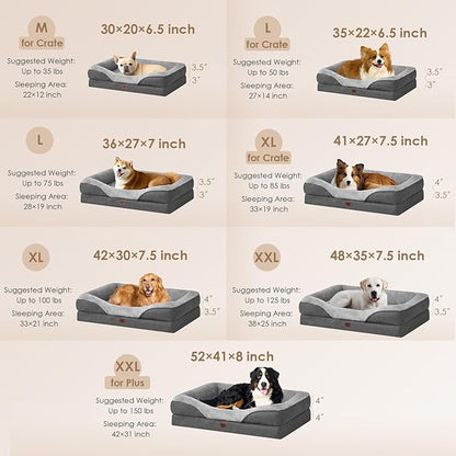 EHEYCIGA Orthopedic XL Dog Bed for Large Sized Dog, 42x30x7.5 Inch Extra Large Memory Foam Dog Couch Bed with Sides, Waterproof Liner & Washable Removable Cover, Bolster Pet Sofa, Grey