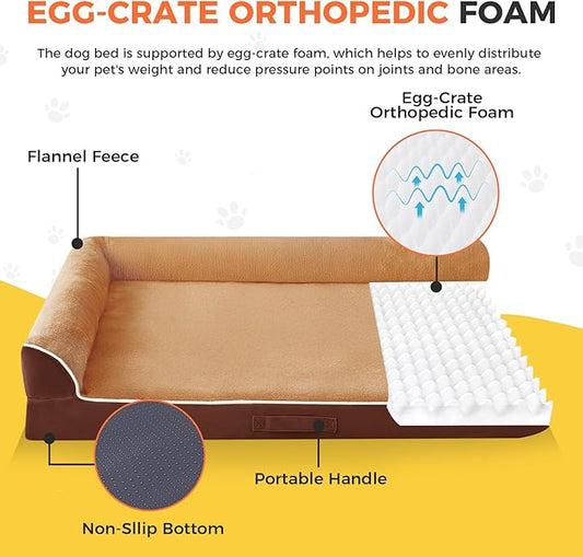 Dog Bed Large Sized Dogs, XXL Orthopedic Dog Bed for Large Dogs, Waterproof Pet Bed with Washable Removable Cover, L-Shaped Pet Couch with Portable Handle 48"x35"x7.5", Brown