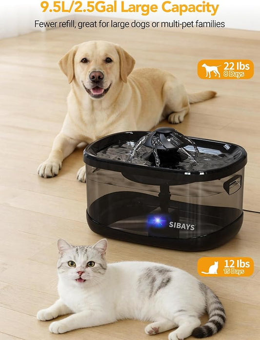 SIBAYS 9.5L/2.5Gal Dog Water Fountain, 3 Flow Modes Automatic Pet Water Fountain with LED Light & Water Shortage Reminder, Ultra Quiet Dog Water Bowl Dispenser for Large Dogs & Multi-Pet(FS82, Black)