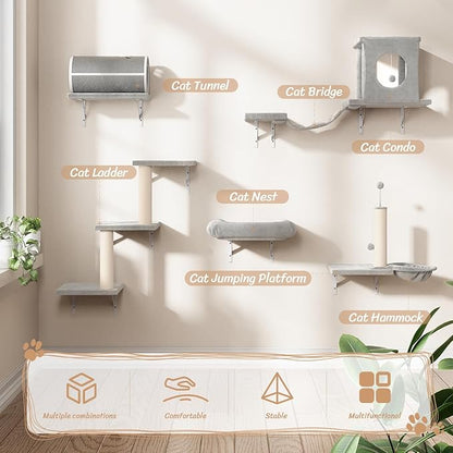 NUNU LAB 14-in-1 Cat Wall Shelves Set, Wall-Mounted Cat Climber with Bridge, Tunnel, House, Scratcher, Steps, Indoor Space-Saving Furniture for Kittens Play, Gray