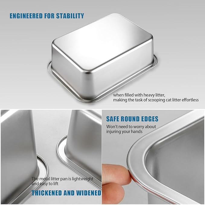 Stainless Steel Cat Litter Box - XL Metal High Sided Cat Pan Tray, Easy to Clean Non Stick Odorless Large Pet Toilet Supplies for Big Cats Kitty Kitten, 23.6 x15.75 x6 Inch, Silver