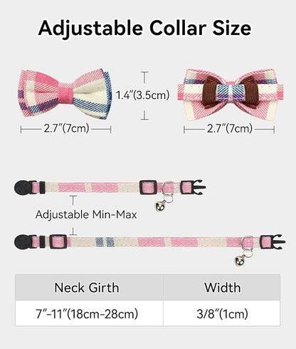 Joytale Upgraded Cat Collar with Bells, Breakaway Cat Collars with Bow Tie, 2 Pack Girl Boy Safety Plaid Kitten Collars, Pink+Teal