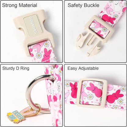 DOGWONG Easter Dog Collar, Cute Easter Pink Bunny Pet Collar Durable Holiday Girl Boy Adjustable Cotton Dog Collars for Large Dogs,XL Visit The Elegant Little Tail Store