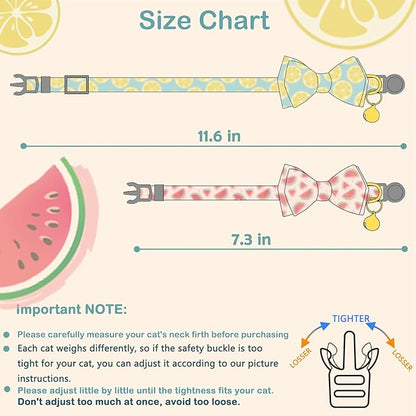 Faygarsle 2 Pack Cute Cat Collar with Bell Breakaway Bowtie for Male Female Cats Soft Fancy Pink Yellow Watermelon Lemon Pattern Spring Summer Cat Collar for Boy Girl Cats