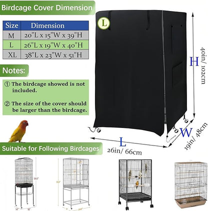 Universal Birdcage Cover Blackout & Breathable for Pets' Good Night, Bird Parrot Cage Cover Durable Washable for Parakeets Lovebirds Budgies Macaw Conure Square Cages, Large (26" L x 19" W x 40" H)