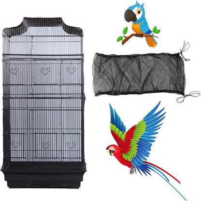 Bird Cage Seed Catcher, Large Airy Gauze Bird Cage Cover Guard, Adjustable Birdcage Nylon Mesh Net Cover (XL-118x32 in, Black)