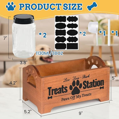 Dog Treat Container Dog Food Container for Dog Food Storage, Farmhouse Cat Food Container Pet Food Storage Organizer, Wood Dog Treat Holder with 2 Plastic Cat Dog Treat Jars, Brown Cat Treat Container