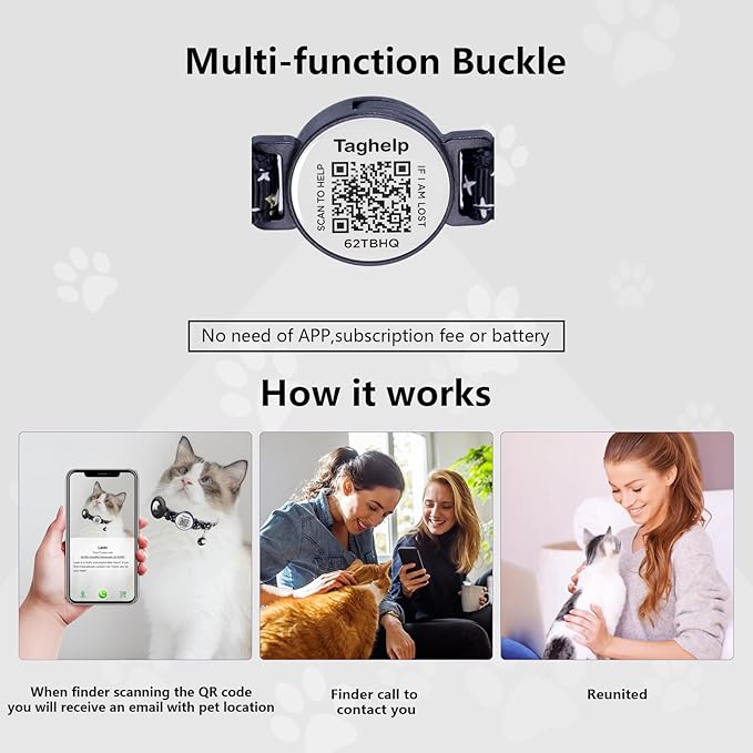 Breakaway Cat Collar with QR Code ID & Modifiable Profile, Upgraded Reflective Safety Collar - Free Lifetime Replacement, Adjustable Nylon, Star Moon Design (Blue)