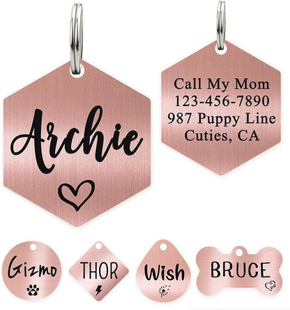 Ultra Joys Custom Personalized Dog ID Tag - Stainless Steel Hexagon Rose Gold Large