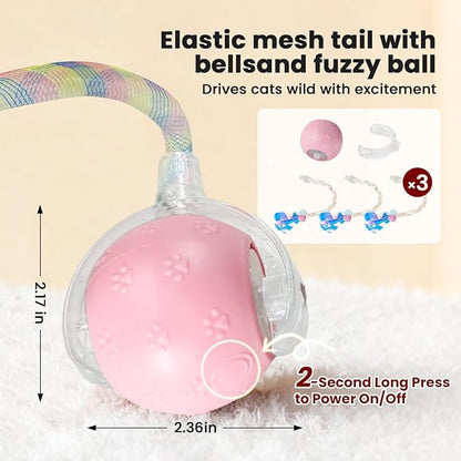 Rocfish Durable Interactive Cat Toys for Indoor Cats, Smart Automatic Cat Chase Ball Toy, Upgraded Speedy Tail Kitten Toy for Bored Indoor Adult Pets (New Pink)