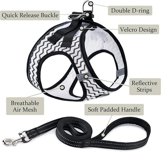 BOOMIBOO Dog Harness with Leash Set, No Pull Adjustable Reflective Step-in Puppy Pet Vest Harnesses for Small Medium Large Dogs and Cats,White Stripe XS