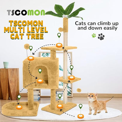 52in Multi-Level Cat Tower with Sisal Scratching Posts, Hidden Cave & Perch Platform, Large Cat Condo for 1-3 Cats, Eco-Friendly Pet Furniture with Realistic Leaves, Beige