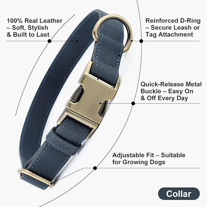 Plutus Pet Genuine Leather Dog Collar – Adjustable Pet Collar with Quick Release Metal Buckle, Soft Real Leather for Small Medium Large Dogs, Heavy Duty & Skin-Friendly (Blue, S)