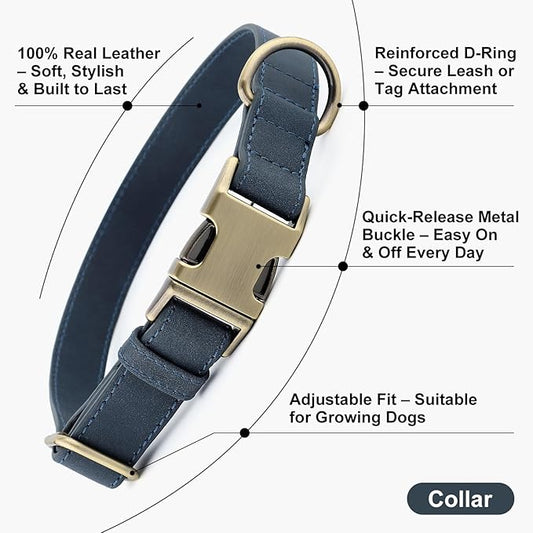 Plutus Pet Genuine Leather Dog Collar – Adjustable Pet Collar with Quick Release Metal Buckle, Soft Real Leather for Small Medium Large Dogs, Heavy Duty & Skin-Friendly (Blue, L)