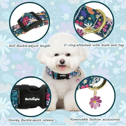 Dog Collar for Large Dogs, Spring Dark Green Dog Collars with Flowers Pattern, Adjustable Cotton Dog Collars, Cute Girl or Boy Dog Collar Ideal for Gifts,Pet Accessory