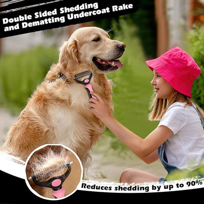 3PCS Self Cleaning Slicker Brush & Pet Grooming Rake & Flea Comb for Dogs,Cats and Horses | Double-Sided Dematting Comb & Skin Friendly Deshedding Grooming Tool | Pet Supplies (Light Pink Black)