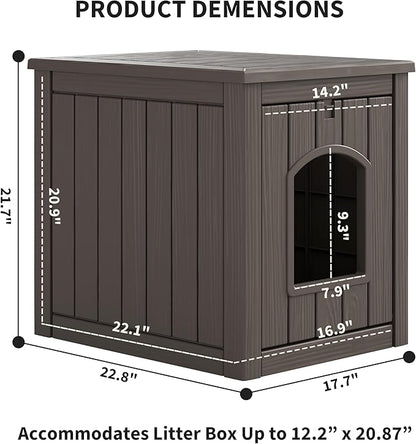 Litter Box Enclosure, Waterproof & Weatherproof Plastic Cat House for Indoor Outdoor Use, Multi-Functional Hidden Litter Box Furniture for Living Room, Backyard, Patio, Garage