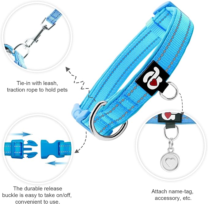azuza Reflective Dog Collar,Soft Neoprene Padded Pet Collar with ID Tag Ring,Adjustable for Medium Dogs,Sky Blue,M