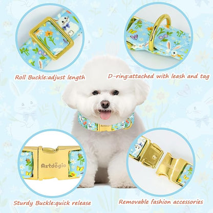 Easter Dog Collar for Medium Dogs, Easter & Spring Theme Medium Dog Collar with Cute White Bunny Pattern, Adjustable Blue Easter Dog Collars Girl Boy Collar for Dogs -M