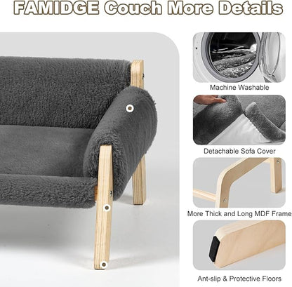 Elevated Cat Couch Bed for Indoor Cats - Wooden Pet Sofa with Removable Washable Thick Cover Raised Kitty Lounge Chair Suitable for Puppy or Small Animals(Cat Sofa Light-Grey)