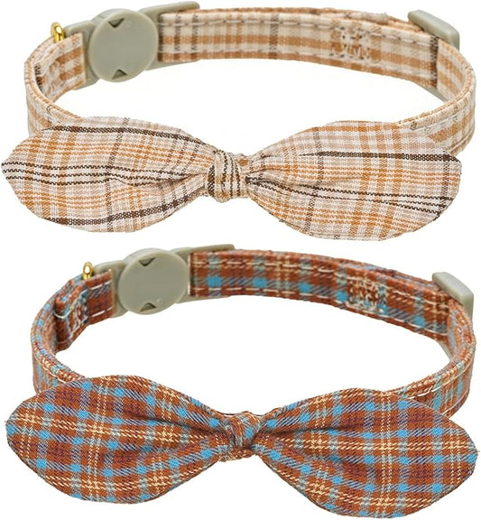 Cotton Bowtie Cat Collar with Bell 2 Pack Plaid Breakaway Kitten Collars with Removeable Bunny Ear Bow(Amber+Beige)