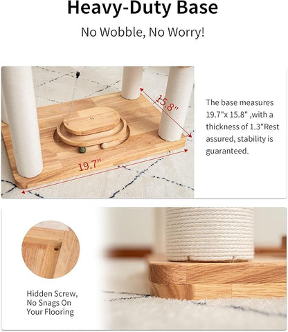 Wood Cat Tree for Large Cats, Modern Cat Tree Tower with Wide Shelves Cotton Scratching Posts, Super Sturdy Base, Cozy Perches, and Interactive Toys for Indoor Kittens