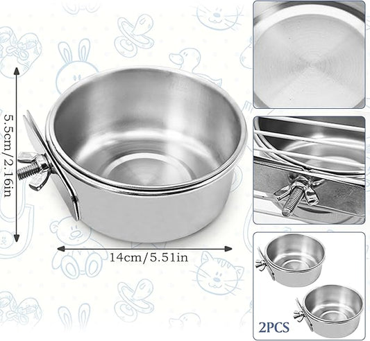 PINVNBY 2PCS Parrot Feeding Cups Birds Food Dish Stainless Steel Parrot Feeders Water Cage Bowls with Clamp Holder for Cockatiel Conure Parakeet Macaw Small Animal (Size: L)