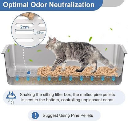 Stainless Steel Sifting Litter Box with Lid, XL Extra Large Sifting Cat Litter Box for Pine Pellets & Big Cats,Metal Pellet Sifter Litter Pan System for Odor Control,Sifting Box Liners & Scoop