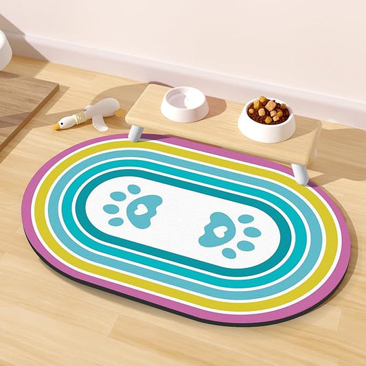Cat Food Mat 24''x16'', Absorbent Cat Mats for Food and Water, Non-Slip Rubber Mat for Cats Bowls, Easy Store Pet Food Placemat, Mats for Under Cats Food Bowls, Fit with Kitchen, Living Room, Blue Paw