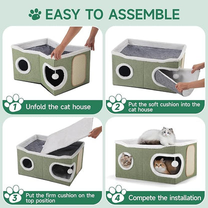 Cat Beds for Indoor Cats, Extra Wide Cat Cube House for Multi Cats, Foldable Cat Cave Hideaway with Arc-Edge Design & Oval Door, Double-Side Soft Cushion for All Seasons, 24"L x 17.7"D x 12.6"H, Green