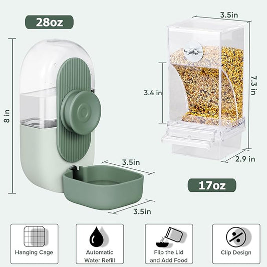 No Mess Bird Feeder & Water Dispenser Set - Automatic Feeding & Hydration, Parakeet Cage Accessories for Parrots, Cockatiels, Finches, Lovebirds & Budgies